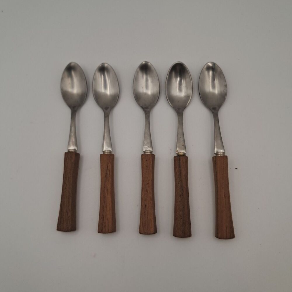 Vtg MCM Teak Wood Demitasse Espresso Salt Cellar 4"Spoons Set 5 Japan Stainless
